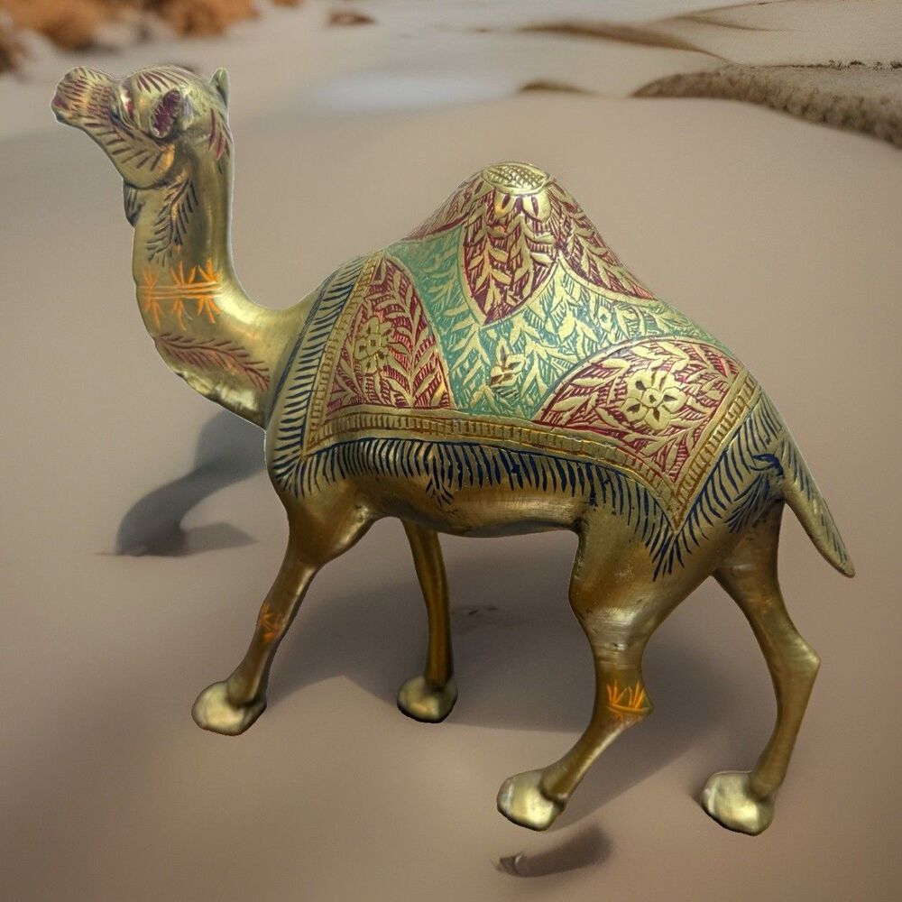 Vintage Solid Brass Camel Engraved Hand Painted Heavy Ornate Arabian Unique Rare